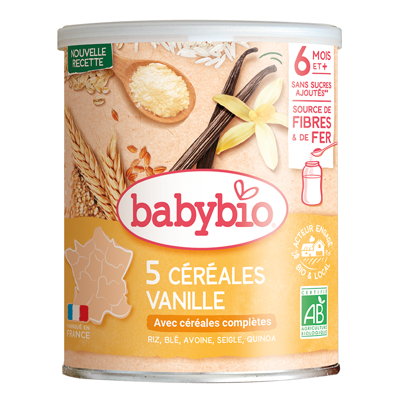 5-cereales-vanille-riz-ble-avoine-seigle-quinoa-nova-para-prix-maroc-livraison BABYBIO Céréales Vanille Bio 220g Céréales Infantiles Dès 4 Mois Saveur Vanille Naturelle – Image 1