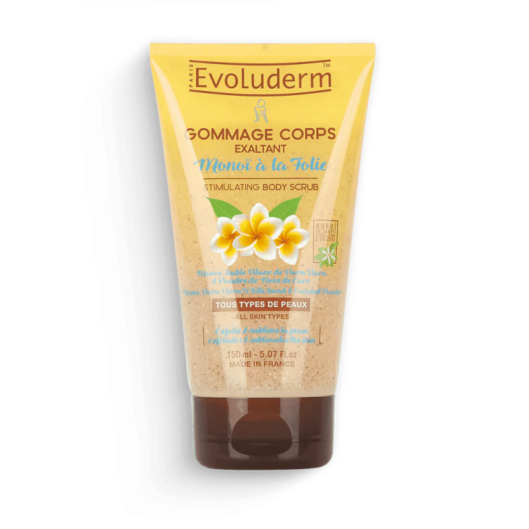 EVOLUDERM Gommage Corps Monoï à la Folie 150ml Exfoliation Douce Grains Naturels Peau Soyeuse Parfum Monoï Hydratation