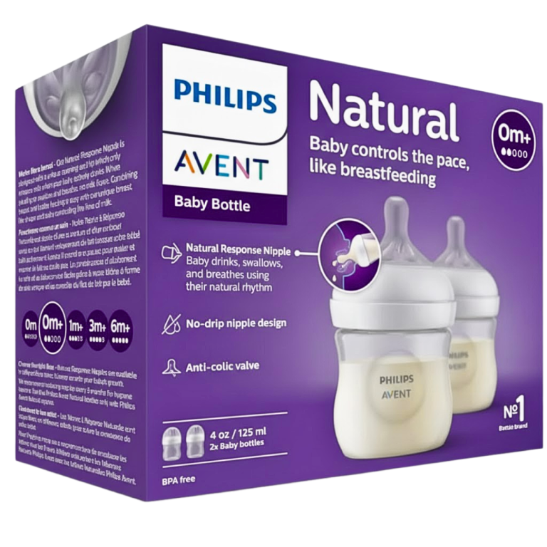 AVENT Biberon Natural Avec Tétine +0m 2x125ml SCY900/02 Pack Duo Anti-Colique Débit Nouveau-Né