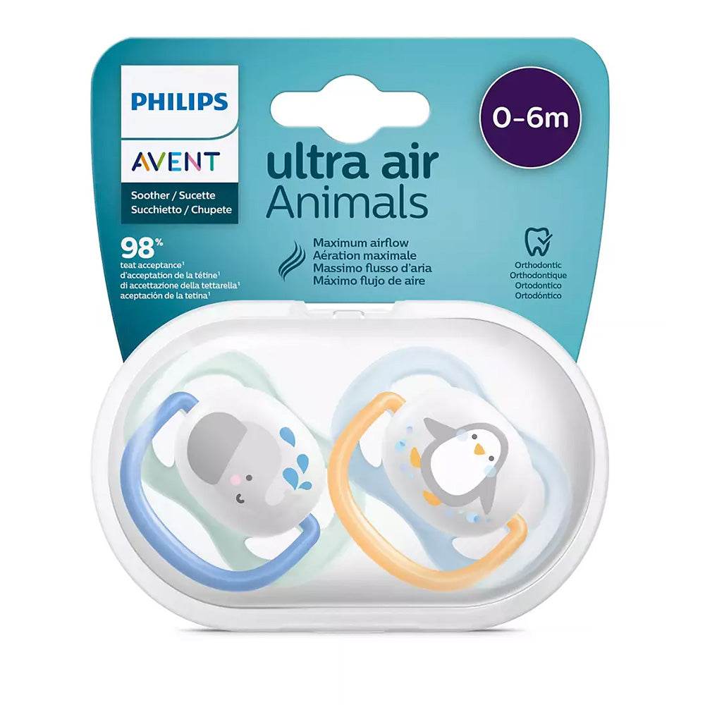 AventSucOrtho0-6m-Boy-Scf-08-005-Elep-Peng-Parapharmacie-Casablanca-Prix-Maroc AVENT Sucettes Orthodontiques 0-6m Garçon SCF080/05 Ultra Air Éléphant Pingouin