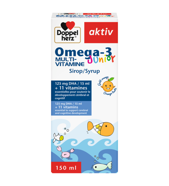 BHJHUIUO DOPPEL HERZ AKTIV SIROP OMEGA-3 MULTI-VITAMINES JUNIOR 250 ML – Image 1