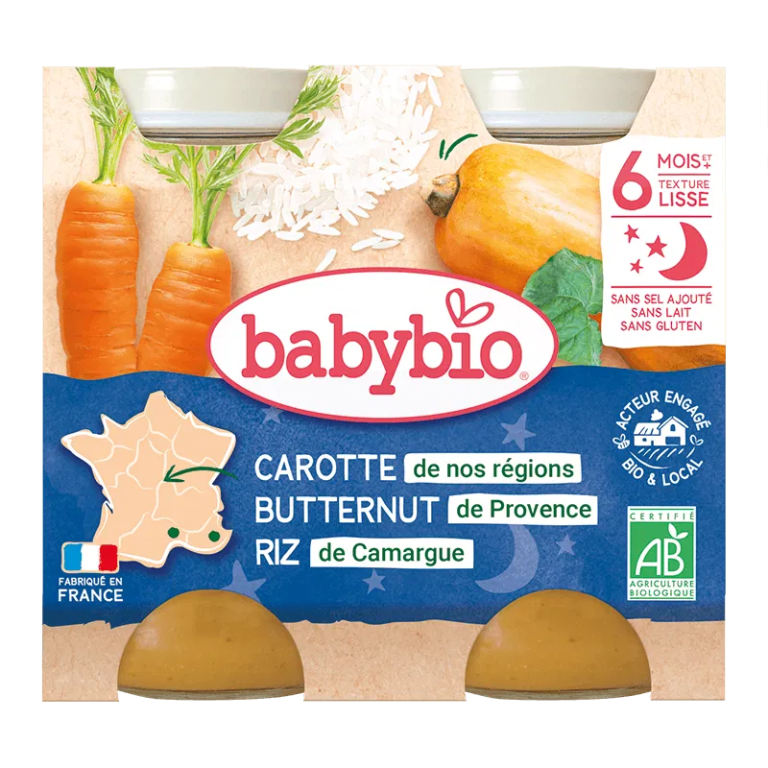 BABYBIO Bol Bonne Nuit Carotte Courge Butternut Riz Bio 2x200g Repas Bébé Dès 8 Mois Légumes Biologiques - photo 2