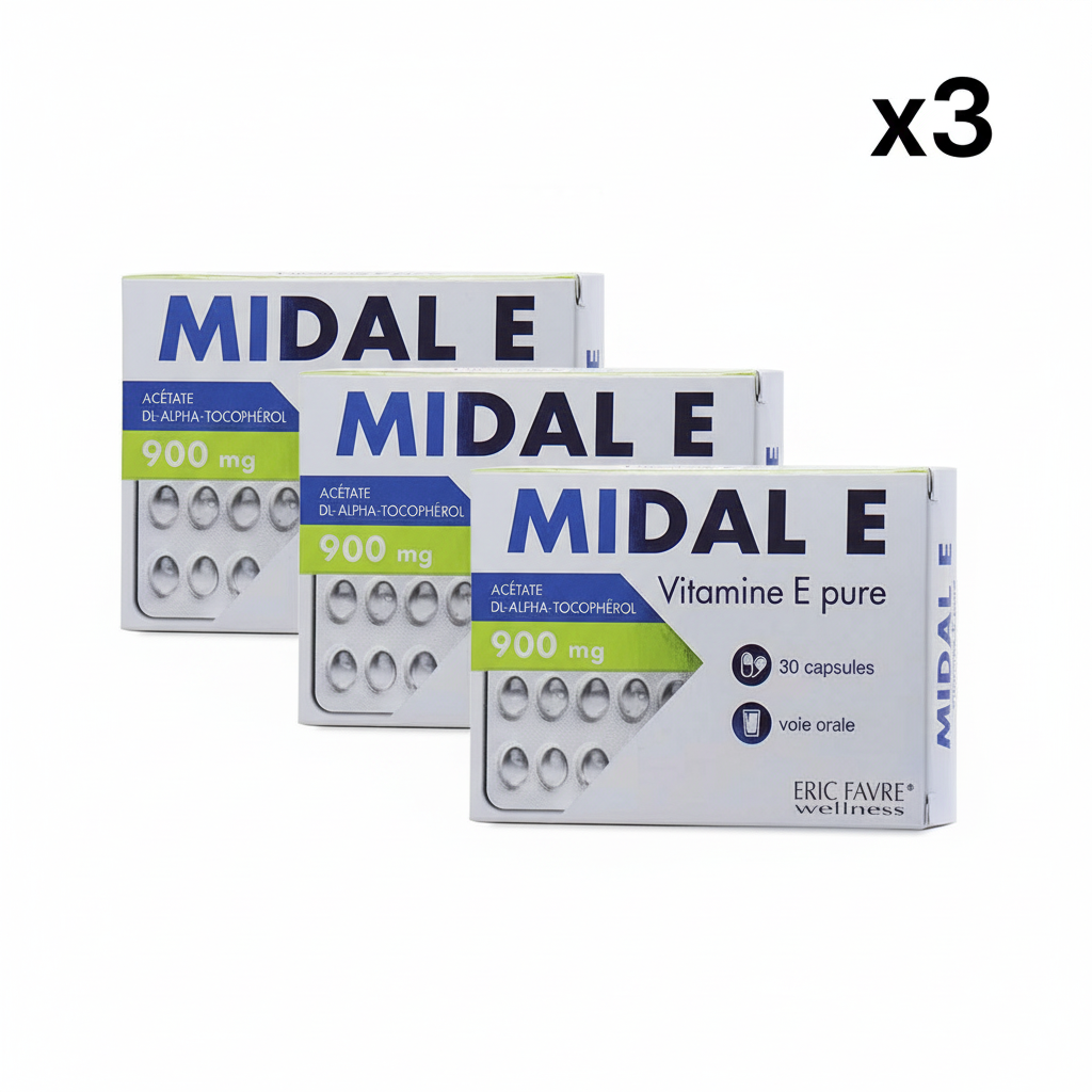 MIDAL E Pack x3 Vitamine E Pure 900mg 30 Capsules Antioxydant Puissant Protection Cellulaire Beauté Peau Anti-Âge Cure 90 Jours MIDAL E Pack x3 Vitamine E Pure 900mg 30 Capsules Antioxydant Puissant Protection Cellulaire Beauté Peau Anti-Âge Cure 90 Jours