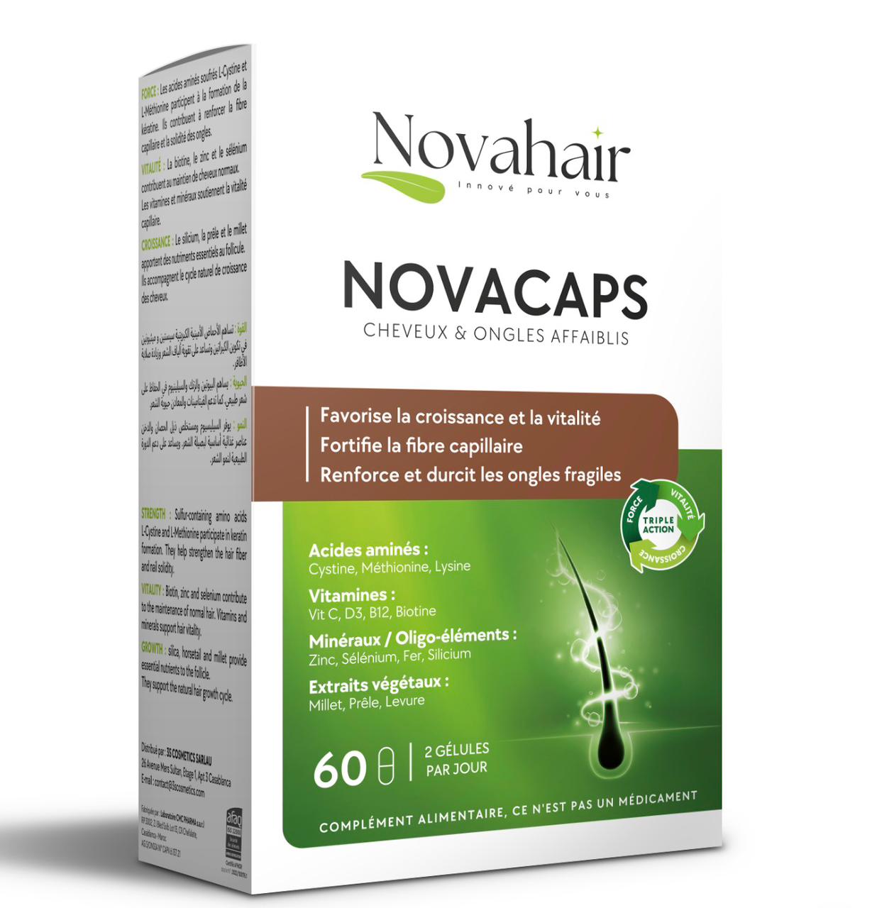 NOVAHAIR NOVACAPS Cheveux & Ongles Affaiblis 60 Gélules Complément Alimentaire Biotine Kératine Fortifiant Croissance NOVAHAIR NOVACAPS Cheveux & Ongles Affaiblis 60 Gélules Complément Alimentaire Biotine Kératine Fortifiant Croissance