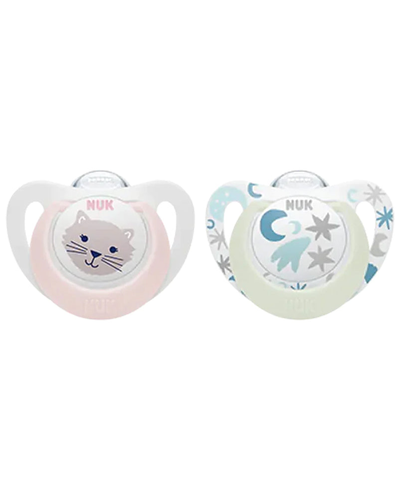 Lot de 2 Sucettes Star Night & Day NUK 0-6M - Étoiles & Chat Lot de 2 Sucettes Star Night & Day NUK 0-6M - Étoiles & Chat