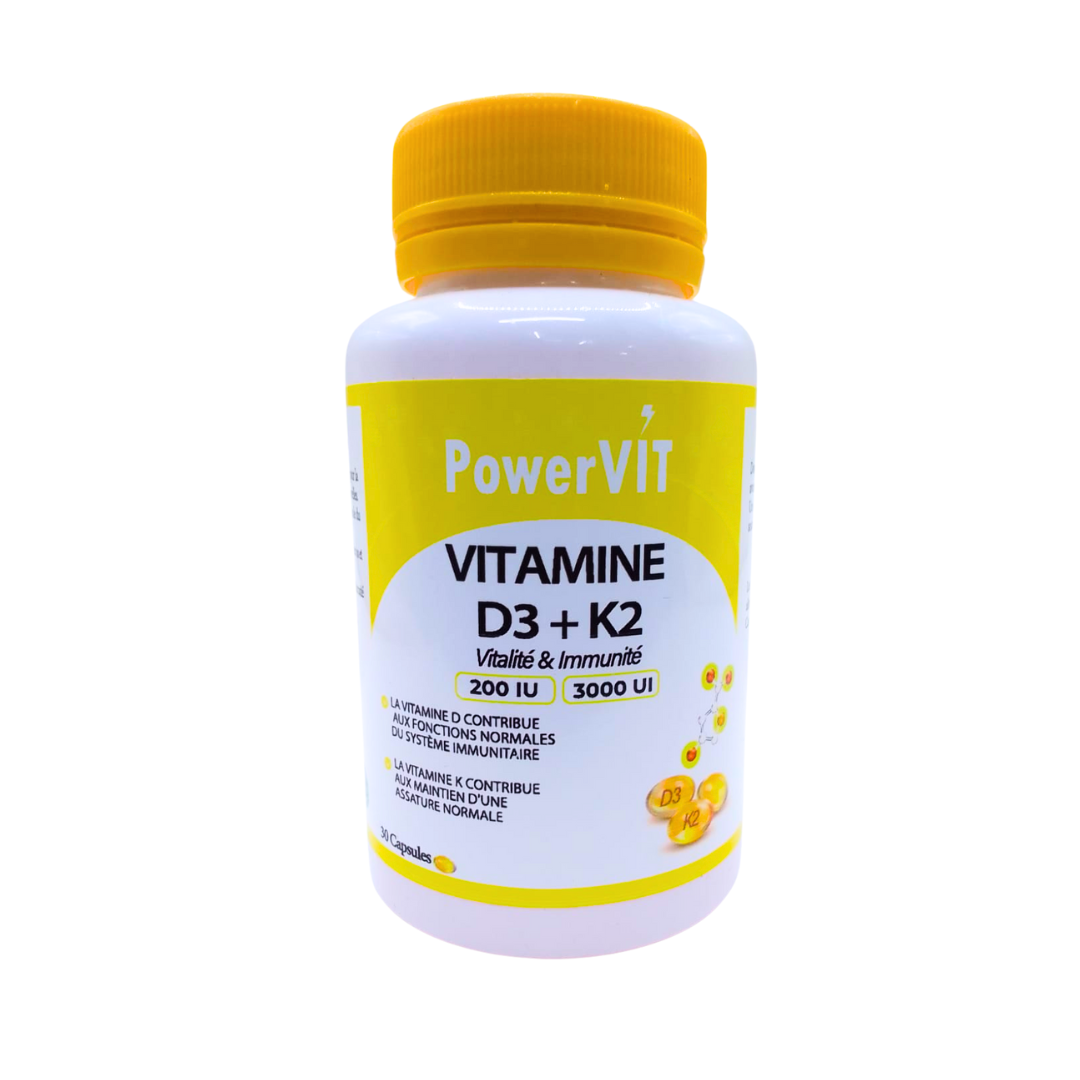 POWERVIT Vitamine D3+K2 30 Capsules Synergie Os Solides Cardiovasculaire Immunité Calcium POWERVIT Vitamine D3+K2 30 Capsules Synergie Os Solides Cardiovasculaire Immunité Calcium