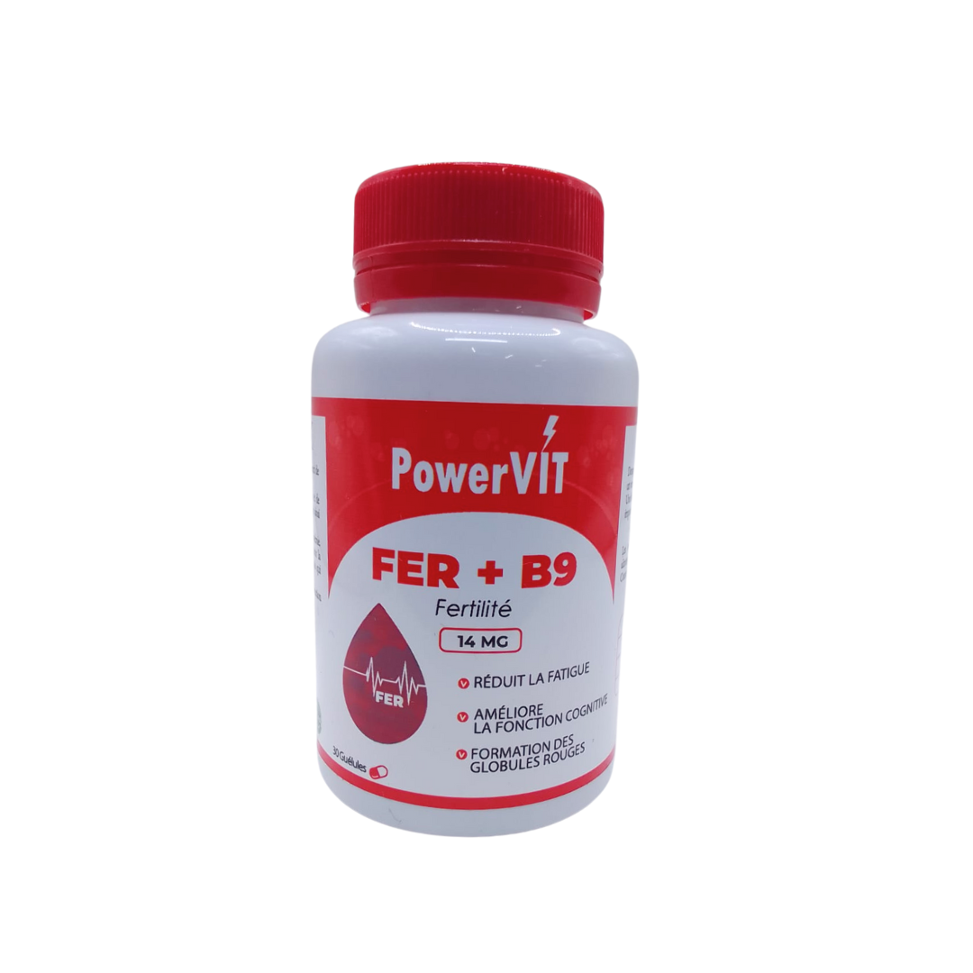 POWERVIT Fer + B9 14mg 30 Gélules Anti-Anémie Complément Fer Acide Folique Énergie Vitalité Grossesse Allaitement POWERVIT Fer + B9 14mg 30 Gélules Anti-Anémie Complément Fer Acide Folique Énergie Vitalité Grossesse Allaitement