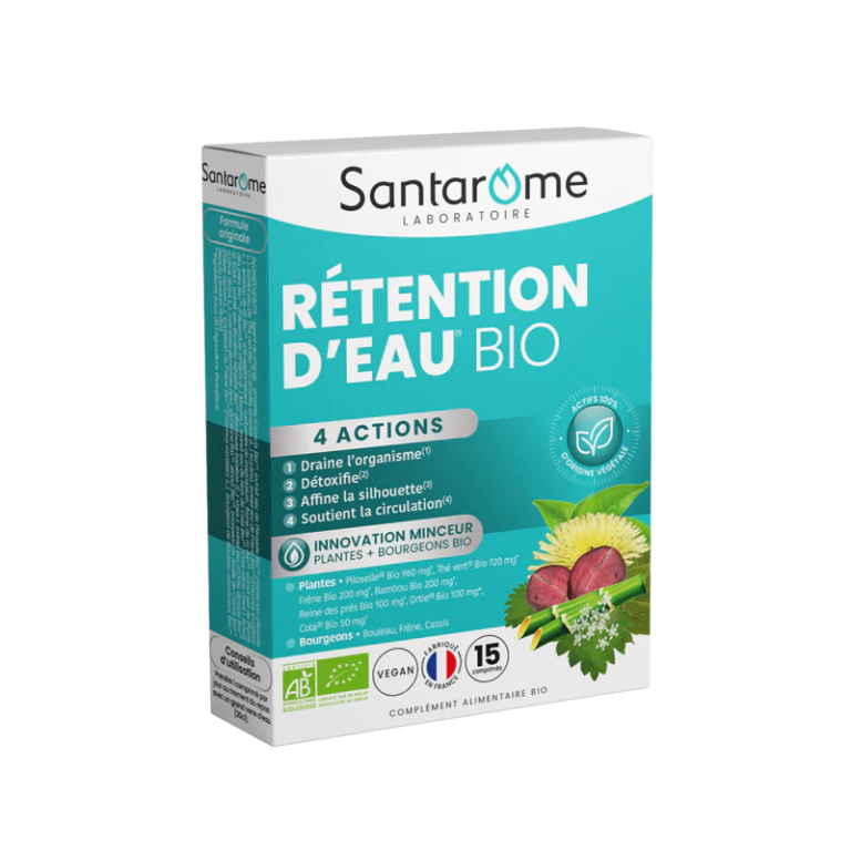 SANTAROME Rétention Eau BIO 15 Comprimés Drainage Détoxification Circulation Jambes Légères Amincissement