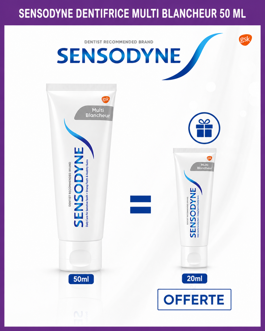 Sensodyne Dentifrice Multi Blancheur 50ml = multi blancheur 20 ml offert Sensodyne Dentifrice Multi Blancheur 50ml = multi blancheur 20 ml offert