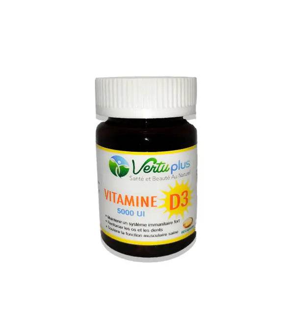 VERTU PLUS Vitamine D3 5000 UI 60 Capsules Cholécalciférol Immunité Os Calcium Absorption