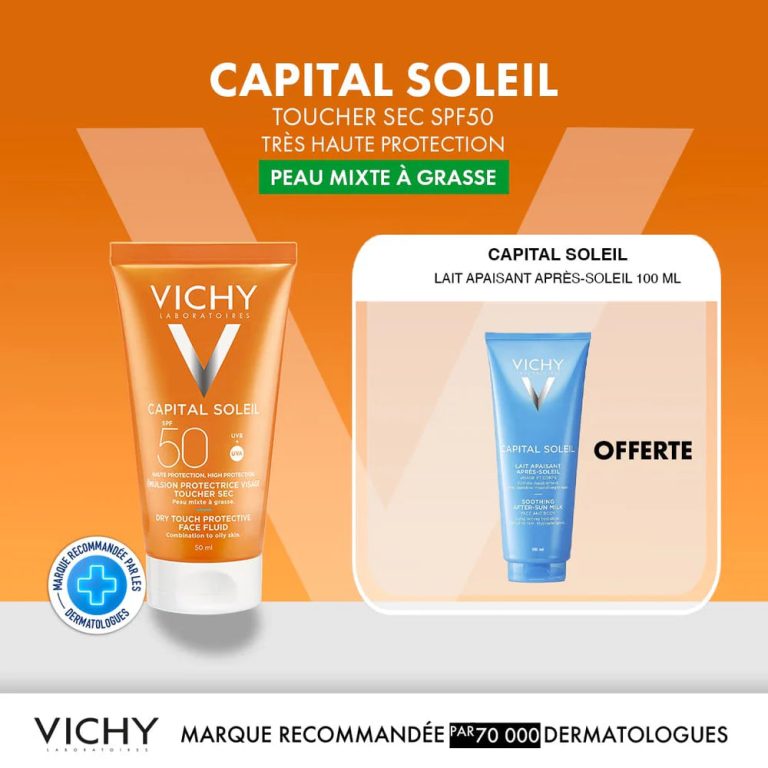 VICHY Capital Soleil Émulsion Toucher Sec SPF50 50ml + Lait Après-Soleil Offert Pack Solaire Protection Haute