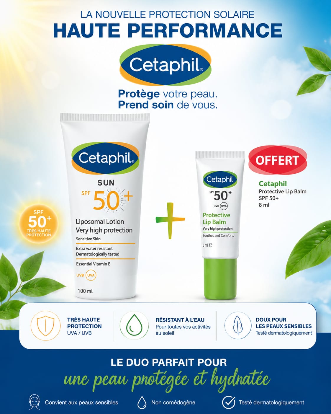 CETAPHIL_Pack_Image-nova-para-pharmacie-maroc-prix-livraison CETAPHIL Pack Solaire SPF50+ Lotion 100ml + Baume Lèvres 8ml Protection Haute Peaux Sensibles – Image 1
