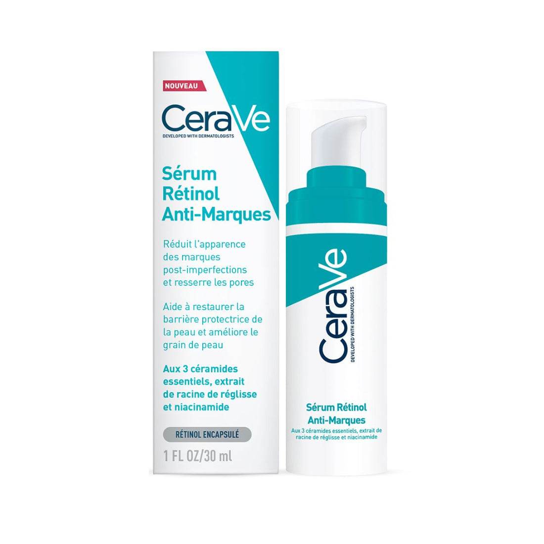 Cerave-Serum-Retinol-Anti-Marques-30ml CERAVE Sérum Rétinol Anti-Marques Renouvellement Cutané 30ml Rétinol Encapsulé Céramides Niacinamide Teint Uniforme Taches Pigmentaires Rides – Image 1