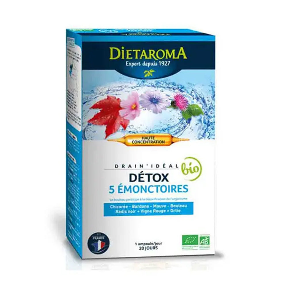 Dietaroma-Detox-5-Emonctoires-20-Ampoules-15-ml-nova-parapharmacie-casablanca DIETAROMA Detox 5 Émonctoires 20 Ampoules × 15ml - Détoxification & Purification Pure - Cure Détox – Image 1