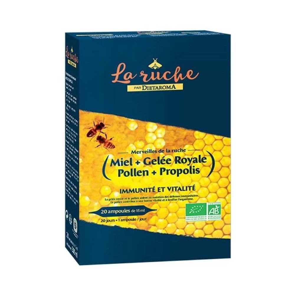 Dietaroma-La-Ruche-Merveille-20-Ampoules-15ml-novaparapharmacie-casablanca DIETAROMA La Ruche Merveille 20 Ampoules × 15ml - 4 Trésors de la Ruche Bio - Énergie & Immunité – Image 1