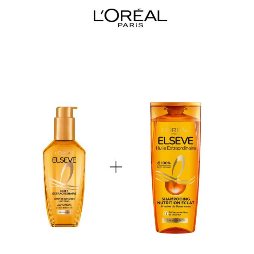 Elseve-Huile-Extraodinaire-Cheveux-tres-Secs-shampooing-200mlSerum-100ml-nova-para-pharmacie-maroc-prix-livraison ELSEVE Huile Extraordinaire Cheveux Très Secs Kit Shampooing 200ml + Sérum 100ml Nutrition Intense Brillance – Image 1