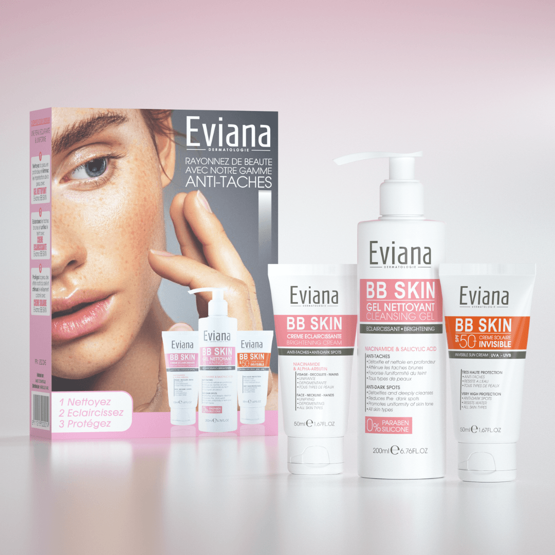 Eviana-Duo-pack-Bb-Skin-Cr-eclaircissantgel-nettEcran-invisible-parapharmacie-enligne-maroc Eviana Crème Eclaircissante + Gel Nettoyant + Ecran Invisible PACK – Image 1