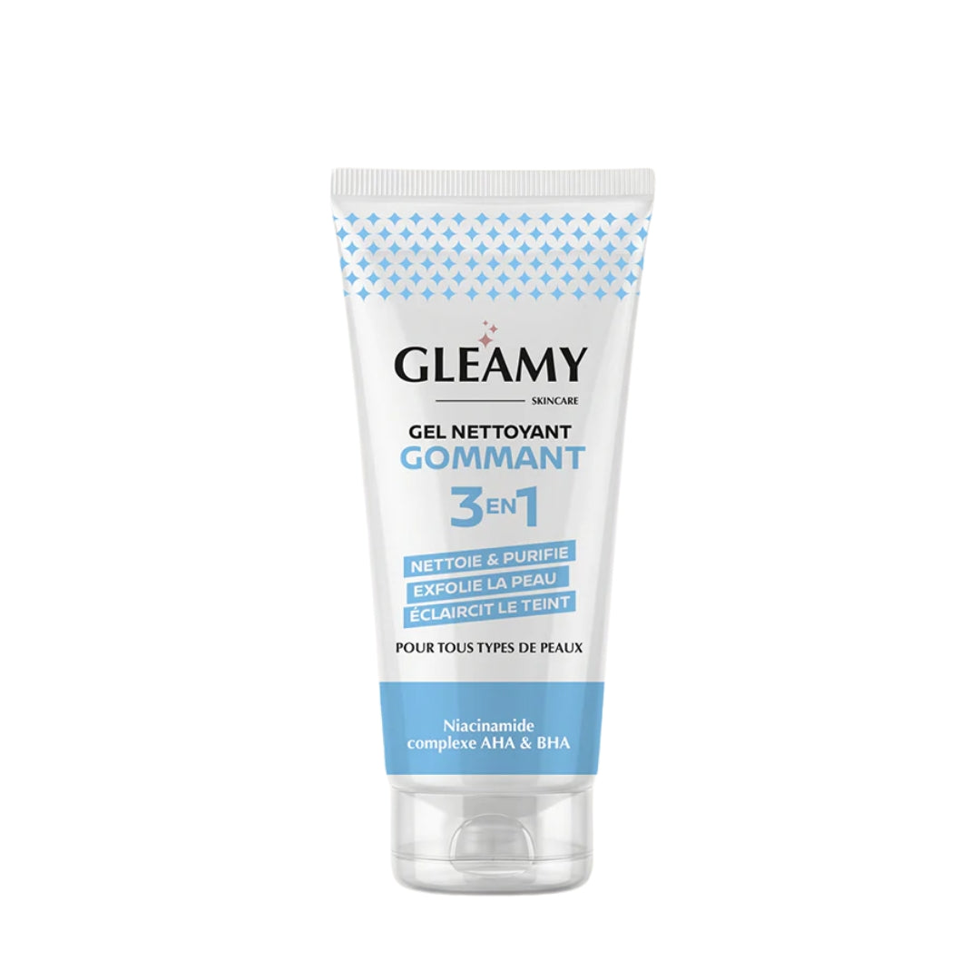 Gleamy-Gel-Gommant-3en1-200ml-nova-para-pharmacie-maroc-prix-livraison-2 GLEAMY Gel Gommant 3-en-1 200ml Exfoliant Purifiant Éclat Visage Corps Peaux Ternes – Image 1