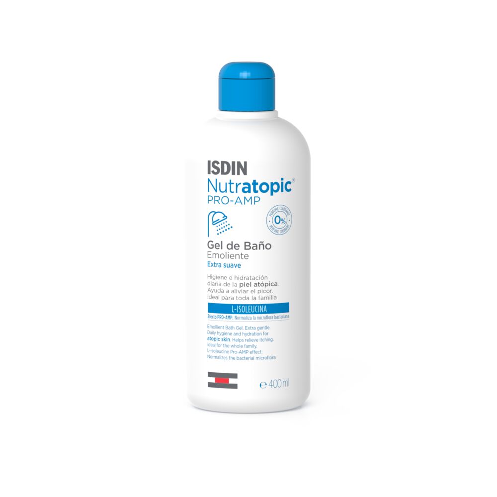 NUTRATOPICGELDEBANO400ml-nova-para-pharmacie-maroc-prix-livraison-2 ISDIN Nutratopic Pro-AMP Gel Bain Émollient 400ml Peaux Atopiques Hygiène Douce Sans Irritation – Image 1