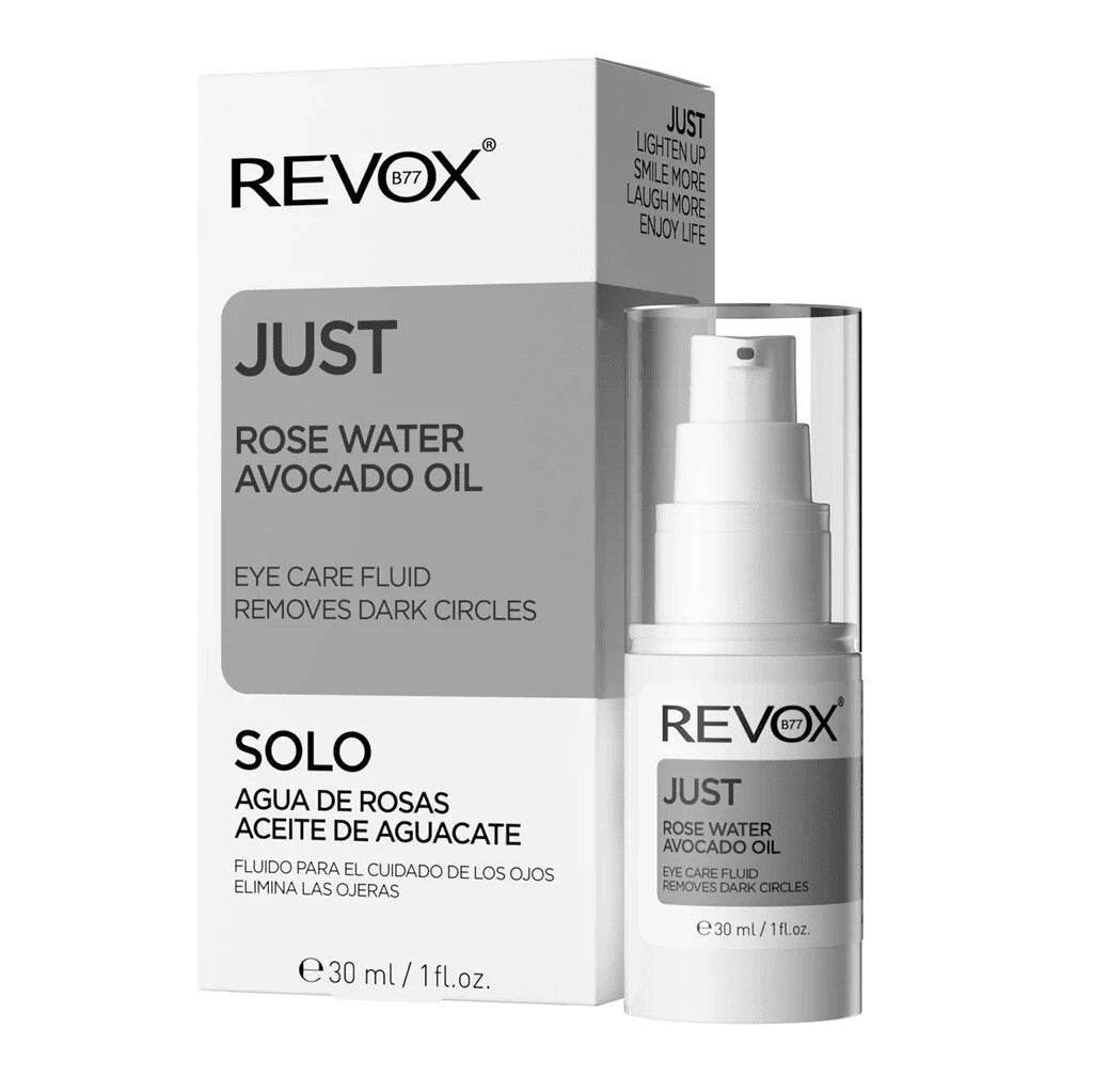 RoseWaterAvocadoOil-Fluid-boteycaja-fondoblanco_1024x1024_c6c25c0c-968f-4037-9240-44ea67df72e6 Revox Just Fluide Contour des Yeux à l’Huile d’Avocat & à l’Eau de Rose - 30ml – Image 1