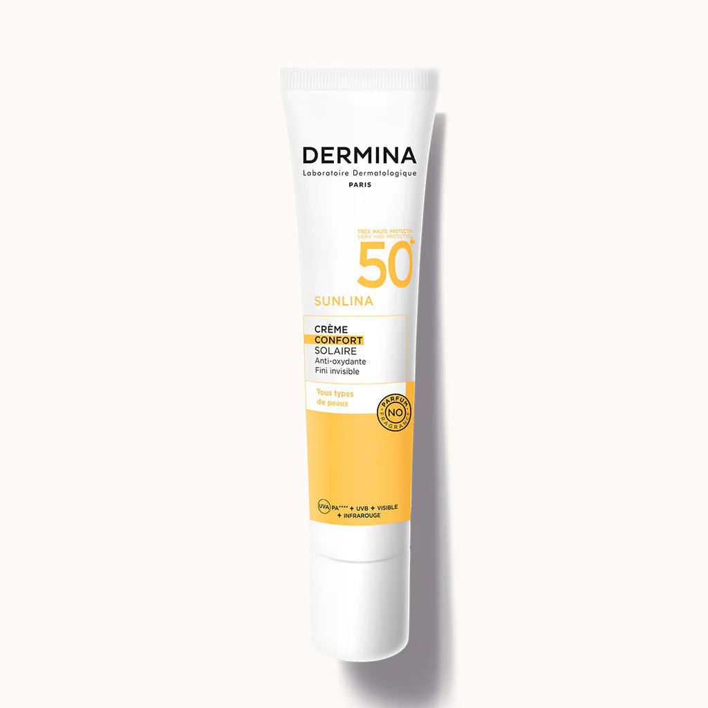 SUNLINA-CREMECONFORT-01-nova-para-pharmacie-maroc-prix-livraison-1 DERMINA Sunlina Crème Confort SPF50+ 40ml Protection Solaire Très Haute Peau Sensible Hydratante Anti-Âge – Image 1