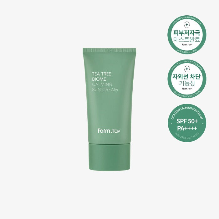 a8aa9054999655e925ed1e2c5f0bc526-nova-para-pharmacie-maroc-prix-livraison-1 FARMSTAY Tea Tree Biome Calming Sun Cream SPF50+ PA++++ 50g Apaisant Peaux Sensibles – Image 1