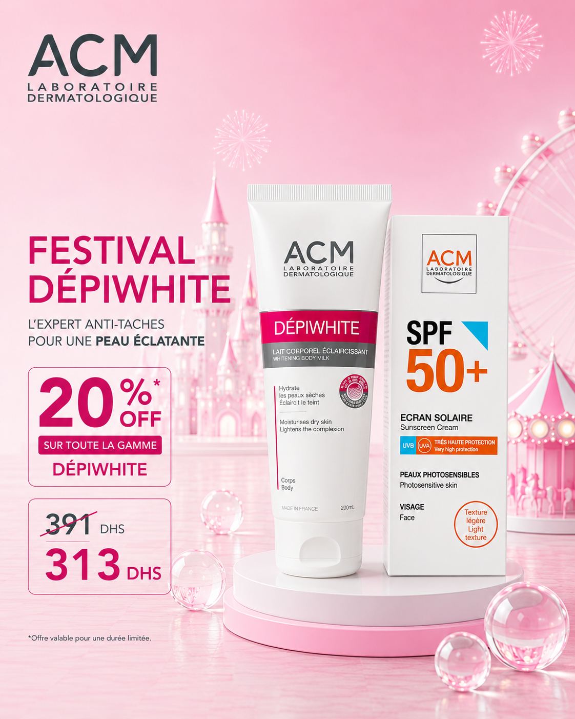 acm_depi_1000_1250-nova-para-pharmacie-maroc-prix-livraison ACM Depiwhite Lait Éclaircissant Corporel Hydratant Unifiant Taches Corps + CREME SOLAIRE SPF 50+ – Image 1