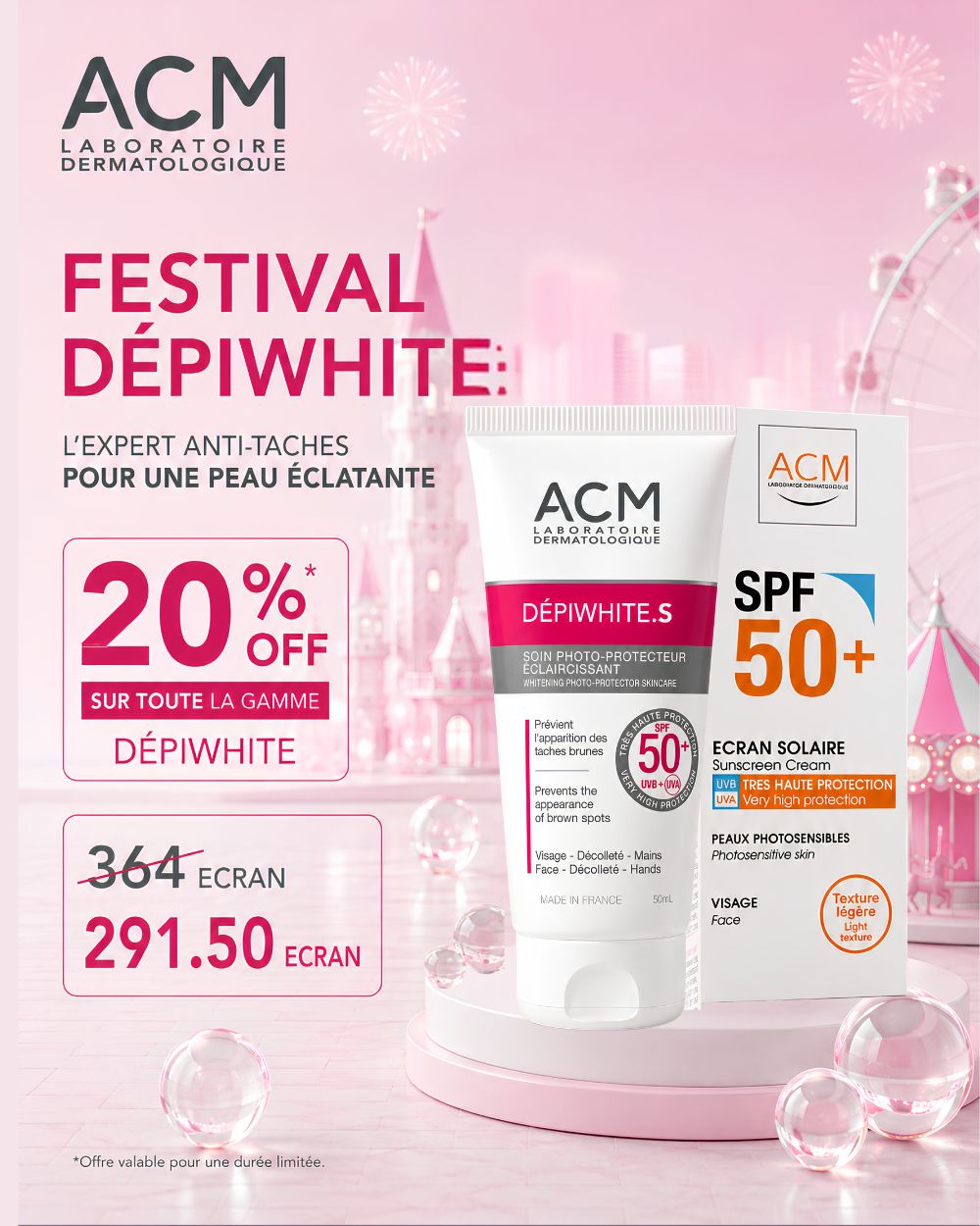 acm_depi_s_1000_1250-nova-para-pharmacie-maroc-prix-livraison ACM Depiwhite.S Écran Solaire SPF50+ 50ml Protection Anti-Taches Mélanine Écran Solaire SPF50+ – Image 1