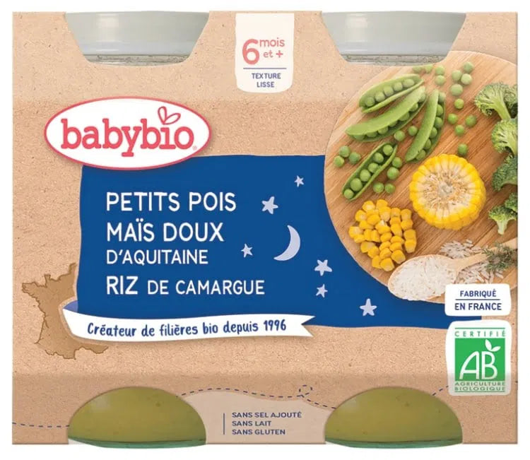 babybio-bonne-nuit-bebemaman.ma_-nova-para-prix-maroc-livraison-1 BABYBIO Bol Bonne Nuit Petits Pois Maïs Riz Bio 2x200g Repas Bébé Dès 8 Mois Légumes Biologiques – Image 1