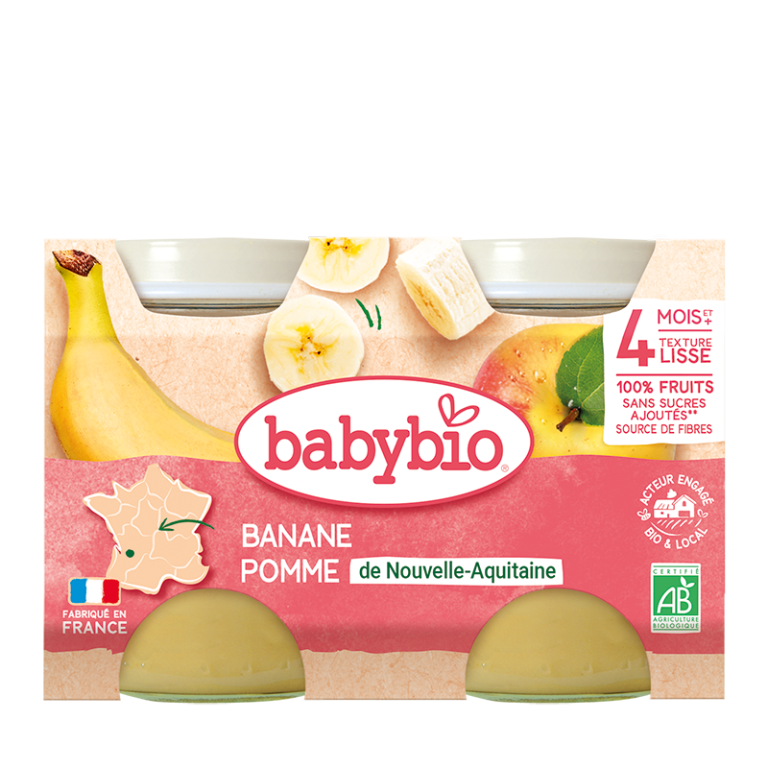 BABYBIO Petit Pot Pomme Banane Bio 2x130g Compote Fruits Bébé Dès 4 Mois Fruits Biologiques Sans Sucres Ajoutés