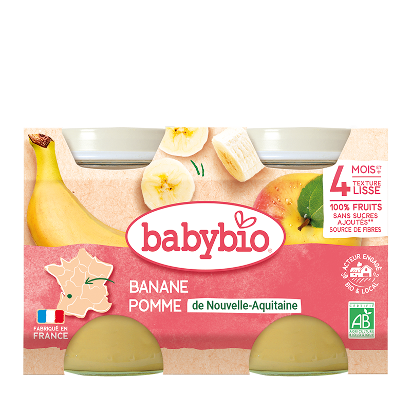 banane-pomme-de-nouvelle-aquitaine-nova-para-prix-maroc-livraison BABYBIO Petit Pot Pomme Banane Bio 2x130g Compote Fruits Bébé Dès 4 Mois Fruits Biologiques Sans Sucres Ajoutés – Image 1
