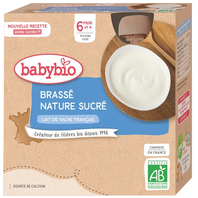 bebemaman-Babybio-brasse-nature-sucre.png-Nova-para-prix-Maroc BABYBIO Gourde Brassé Lait de Vache Nature 4x85g Bio Yaourt Bébé Dès 6 Mois Alimentation Infantile – Image 1