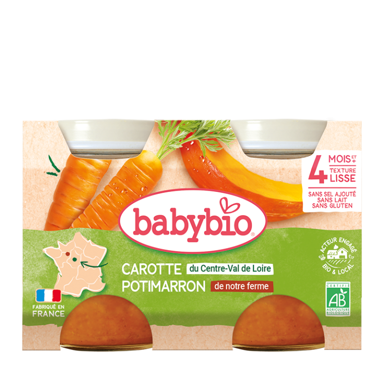BABYBIO Pot Carotte Potimarron Bio 2x130g Purée Bébé Dès 4 Mois Légumes Biologiques Sans Sel Ajouté