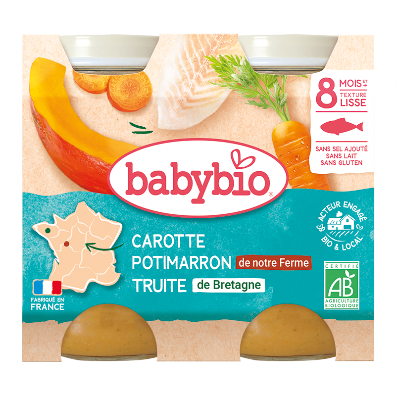 carotte-potimarron-de-notre-ferme-truite-de-bretagne-Nova-para-prix-Maroc BABYBIO Pot Carotte Potimarron Truite 2x200g Bio Plat Bébé Dès 8 Mois Alimentation Infantile – Image 1