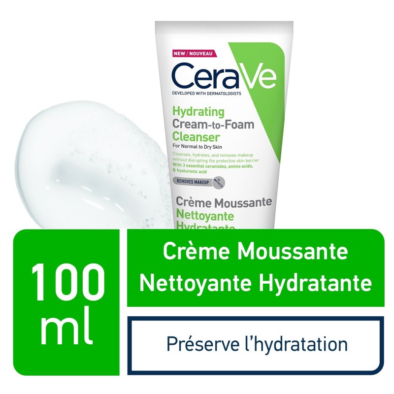 cerave-creme-moussante-nettoyante-hydratante-peau-normale-a-seche-100ml CeraVe Crème Moussante Nettoyante Hydratante Peau Normale à Sèche 100ml – Image 1