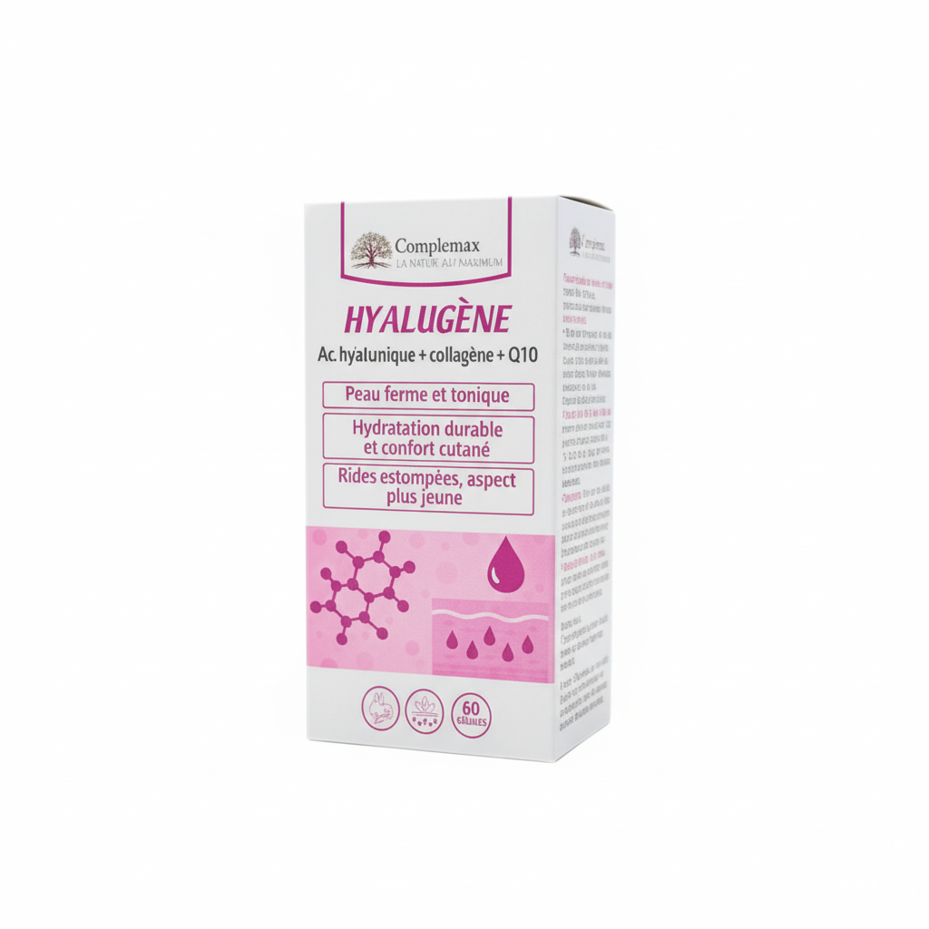 complemax-hyalug-ne-acide-hyaluronique-collag-ne-q10-60-g-lules-ultra-clear COMPLEMAX Hyalugene 60 Gélules Acide Hyaluronique Collagène Q10 Anti-Âge Articulations – Image 1