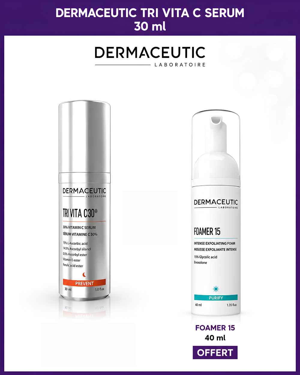 dermaceutic_tri_vita-nova-para-pharmacie-prix-maroc Dermaceutic Tri Vita C30 Sérum 30ml Vitamine C 30% Éclat Anti-Âge + Foamer 15 40 ml – Image 1