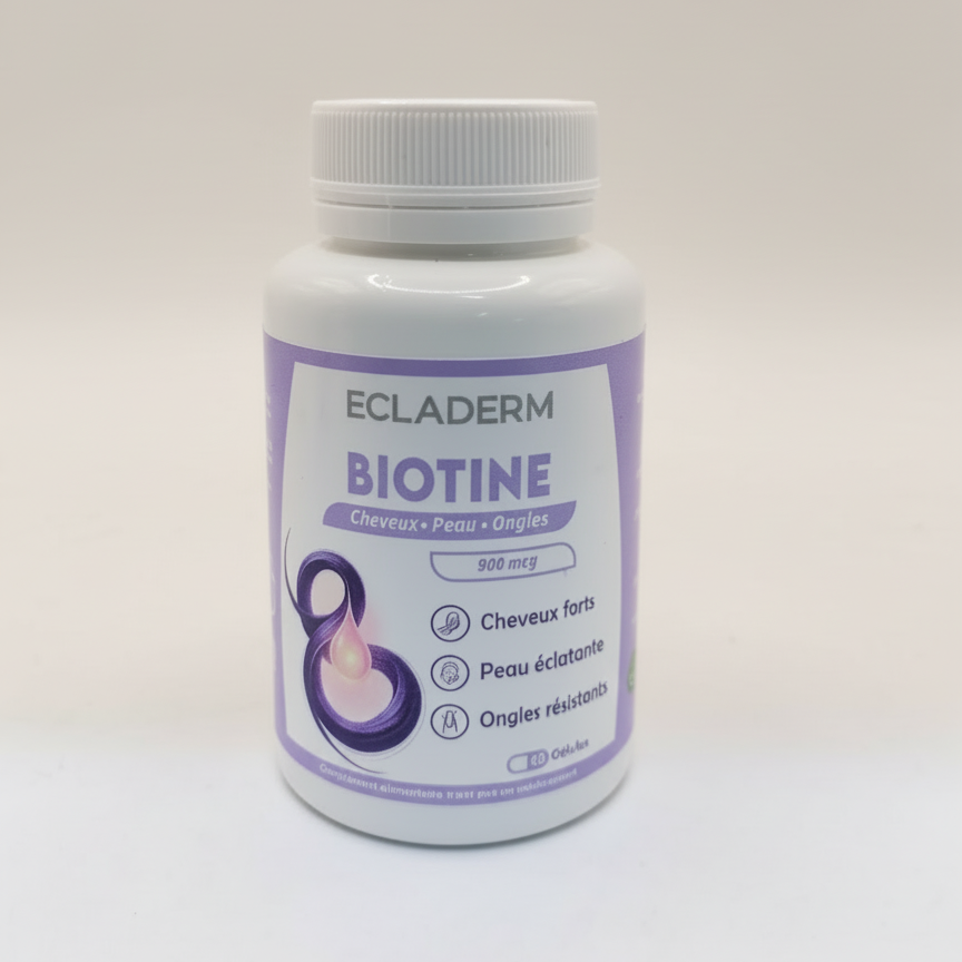 ecladerm-biotine-300mcg-cheveux-peau-ongles-90-g-lules-ultra-clear ECLADERM Biotine 60 Gélules Complément Alimentaire Cheveux Ongles Peau Vitamine B8 Beauté – Image 1