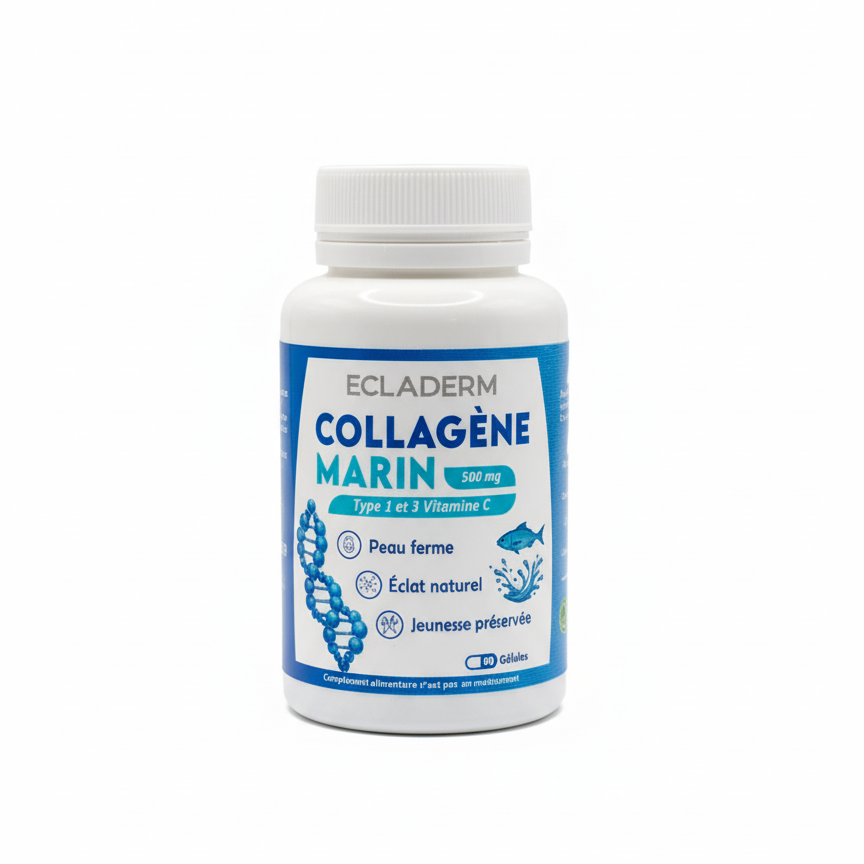 ecladerm-collag-ne-marin-5000mg-type-i-et-3-vitamine-c-90-g-lules-ultra-clear ECLADERM Collagène Marin 90 Gélules Type I et III Vitamine C Anti-Âge Peau Cheveux Ongles – Image 1