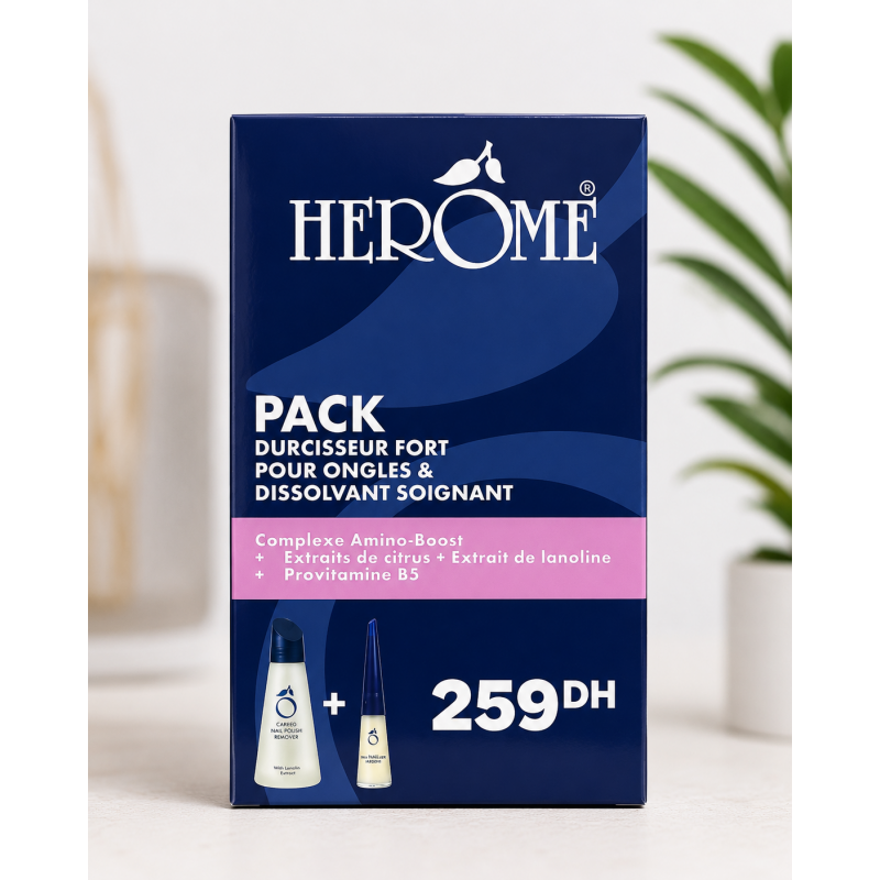 herome-promo-durcisseur-fortdissolvant-nova-para-pharmacie-maroc-prix-livraison HERÔME Pack Durcisseur Fort Pour Ongles 10ml + Dissolvant Doux 120ml Renforcement Intensif Ongles Fragiles Cassants – Image 1