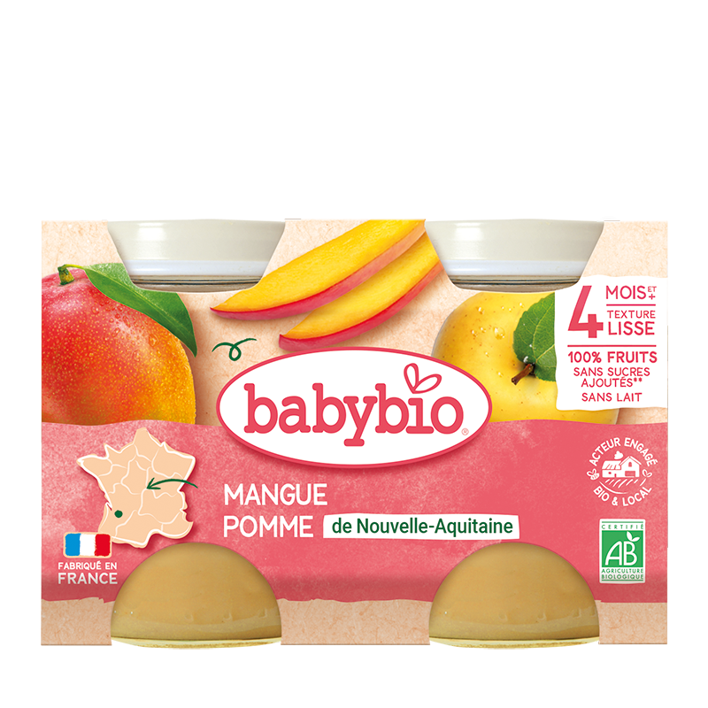 mangue-pomme-de-nouvelle-aquitaine-Nova-para-prix-Maroc BABYBIO Petit Pot Mangue Pomme 2x130g Bio Fruits Bébé Dès 6 Mois Alimentation Infantile – Image 1