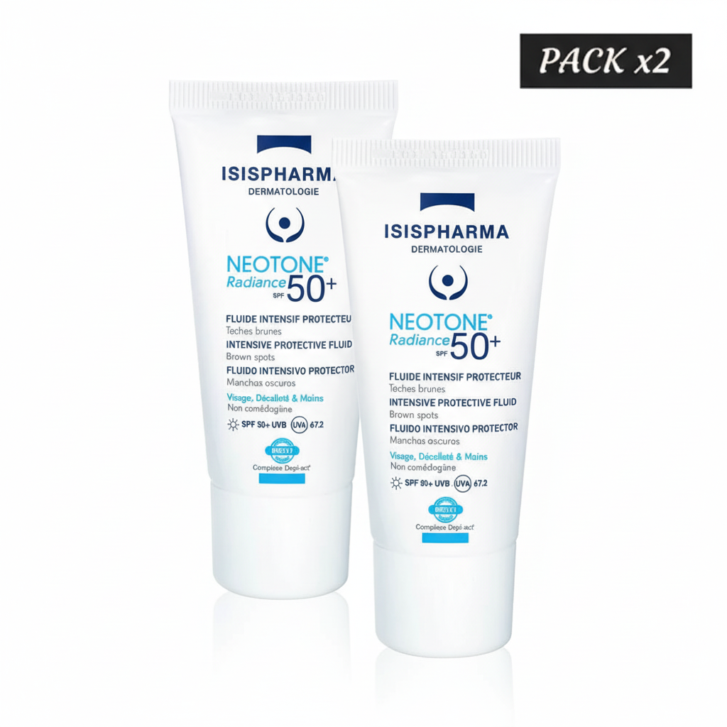 pack-isispharma-neotone-radiance-spf50-x2-nova-para-pharmacie-maroc-prix-livraison ISISPHARMA Neotone Radiance SPF50+ 30ml Pack x2 Fluide Intensif Anti-Taches Protecteur Éclaircissant Texture Invisible Cure 2 Mois – Image 1