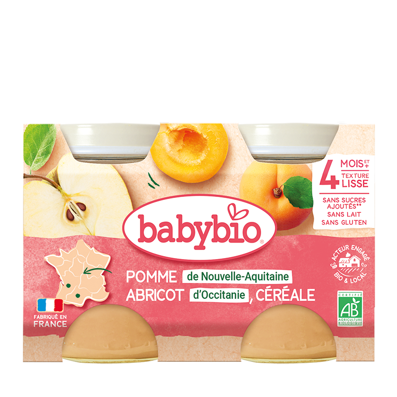 pomme-de-nouvelle-aquitaine-abricot-d-occitanie-cereale-Nova-para-prix-Maroc BABYBIO Petit Pot Pomme Abricot Céréales 2x130g Bio Fruits Bébé Dès 6 Mois Alimentation Infantile – Image 1