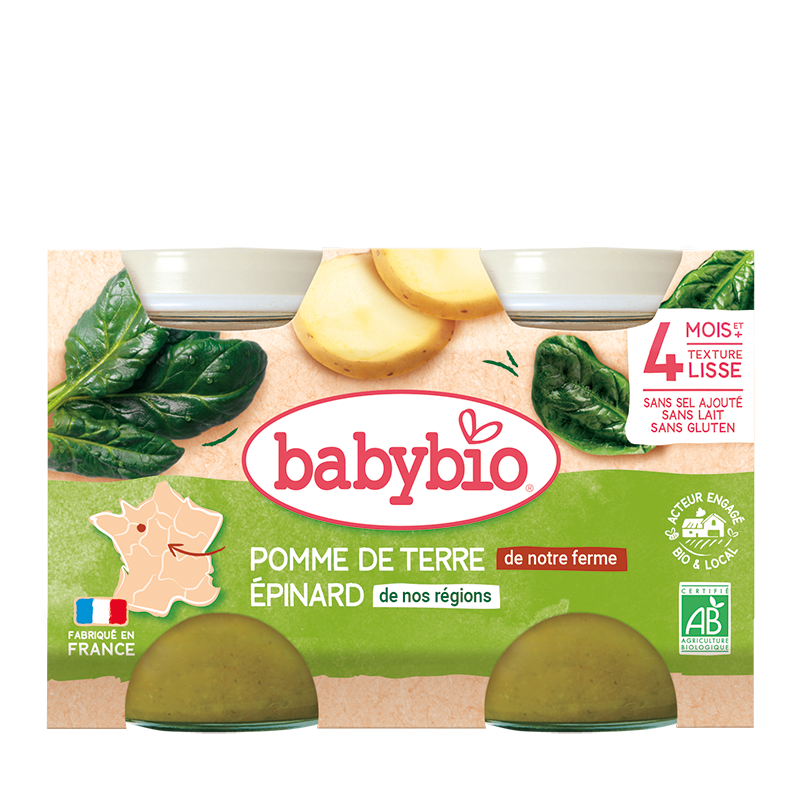 pomme-de-terre-de-notre-ferme-epinard-de-nos-regions-nova-para-prix-maroc-livraison BABYBIO Pot Pomme de Terre Épinard Bio 2x130g Purée Bébé Dès 4 Mois Légumes Biologiques Sans Sel Ajouté – Image 1